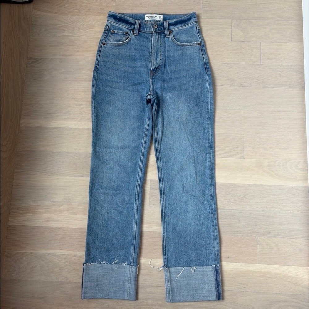 Abercrombie & Fitch Medium Blue Straight-Leg Jeans with Cuffed Hem